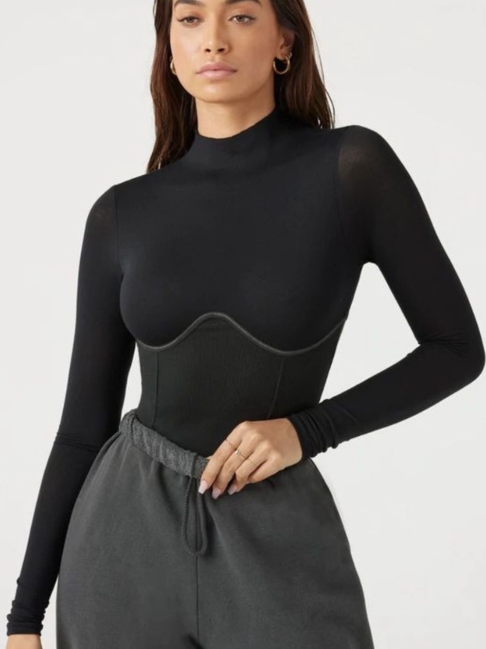 Joah Brown Long Sleeve Black Mock Neck Corset   Top Woman’s Size M/L